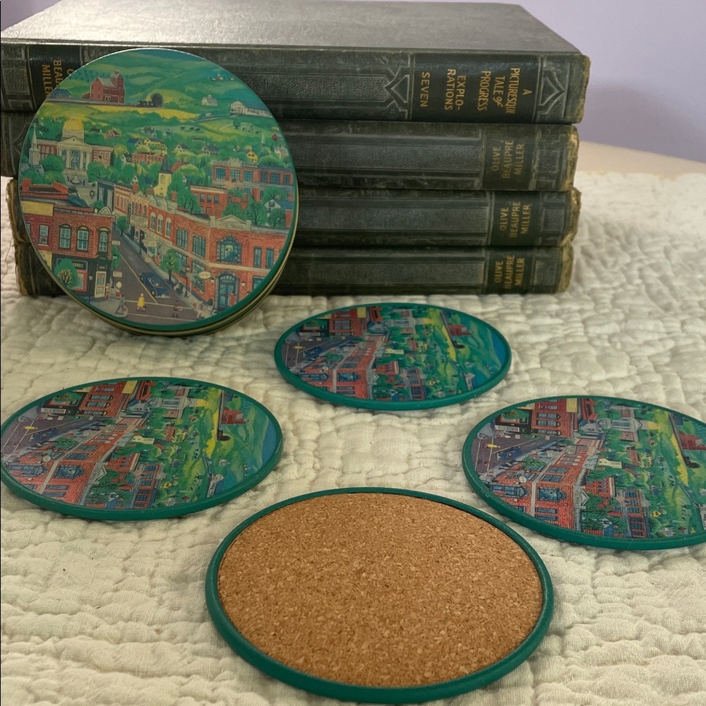Colorful Scenic Coasters Set in tin like new